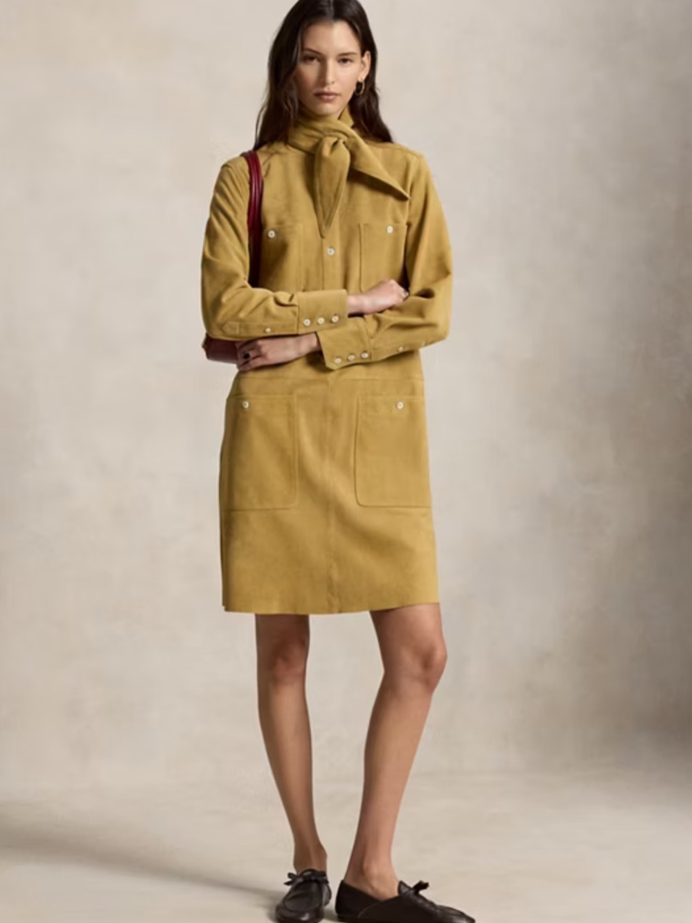 Polo Ralph Lauren Tan Khaki Round Neck LS Popover Shirt Dress size 2